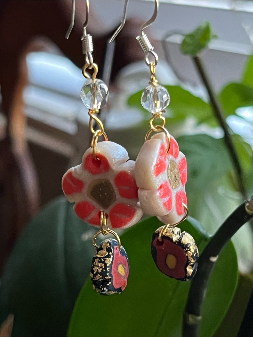 Handcrafted White & Coral Flower Dangle Earrings with Gold Accents. Polymer clay